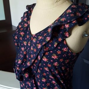 Navy Rose Print Ruffle Blouse